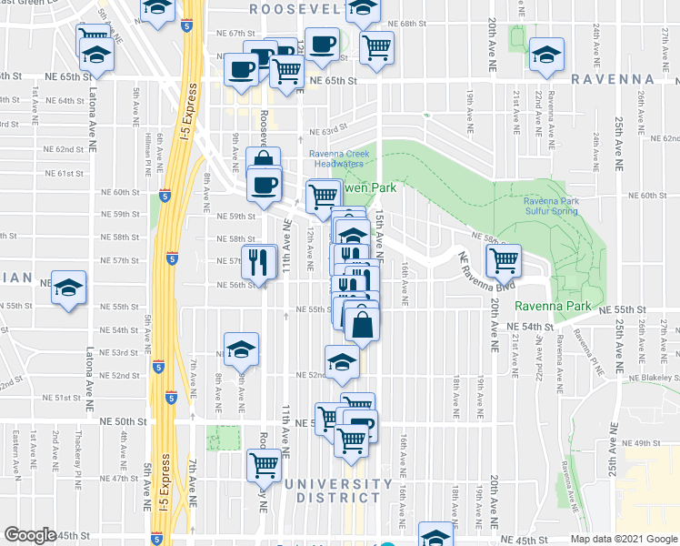 map of restaurants, bars, coffee shops, grocery stores, and more near 5619 Brooklyn Avenue Northeast in Seattle
