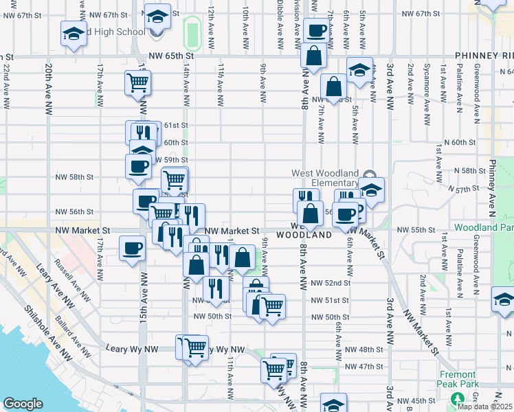 map of restaurants, bars, coffee shops, grocery stores, and more near 847 Northwest 57th Street in Seattle
