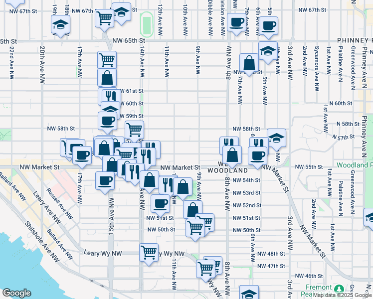 map of restaurants, bars, coffee shops, grocery stores, and more near 927 Northwest 57th Street in Seattle