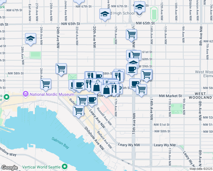 map of restaurants, bars, coffee shops, grocery stores, and more near 1743 Northwest 57th Street in Seattle
