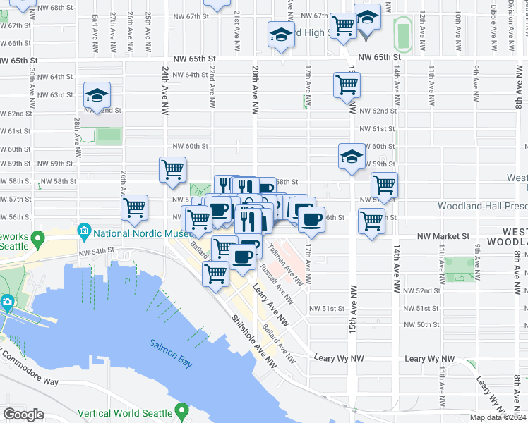 map of restaurants, bars, coffee shops, grocery stores, and more near 5650 20th Avenue Northwest in Seattle