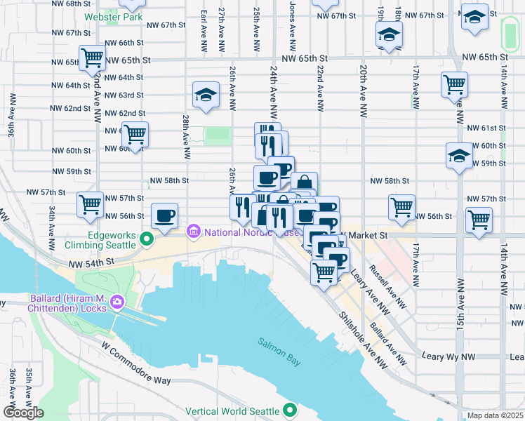 map of restaurants, bars, coffee shops, grocery stores, and more near 5615 Northwest 57th Street in Seattle