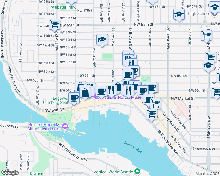 map of restaurants, bars, coffee shops, grocery stores, and more near 2619B Northwest 57th Street in Seattle