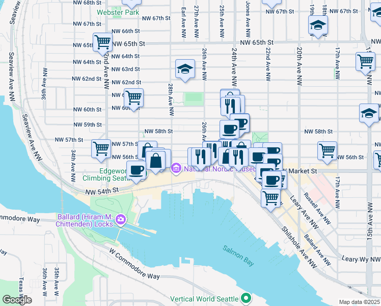 map of restaurants, bars, coffee shops, grocery stores, and more near 2619B Northwest 57th Street in Seattle