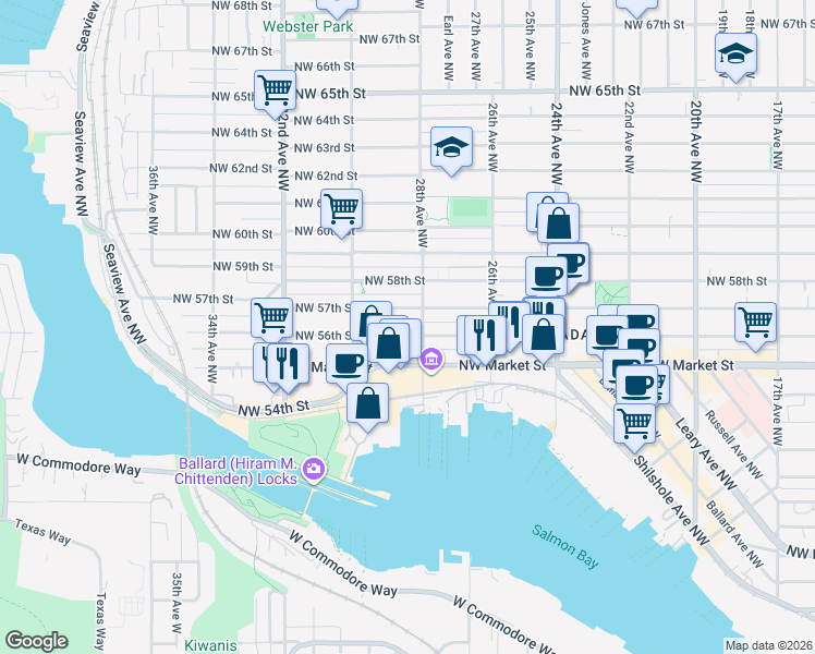 map of restaurants, bars, coffee shops, grocery stores, and more near 2825 Northwest 57th Street in Seattle