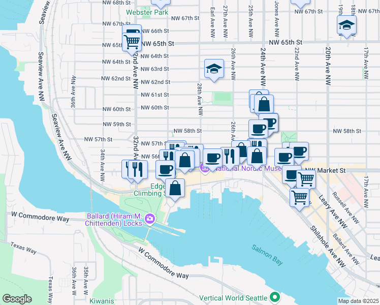 map of restaurants, bars, coffee shops, grocery stores, and more near 2825 Northwest 57th Street in Seattle