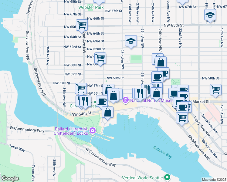 map of restaurants, bars, coffee shops, grocery stores, and more near 2825 Northwest 57th Street in Seattle