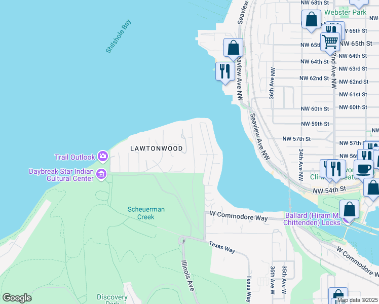 map of restaurants, bars, coffee shops, grocery stores, and more near 5617 Bay Terrace Road in Seattle