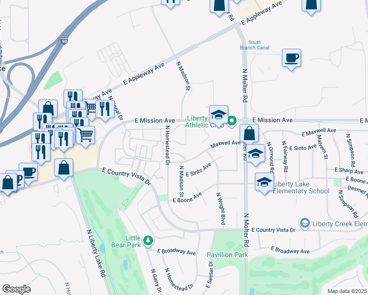 map of restaurants, bars, coffee shops, grocery stores, and more near 23030 East Remington Lane in Liberty Lake