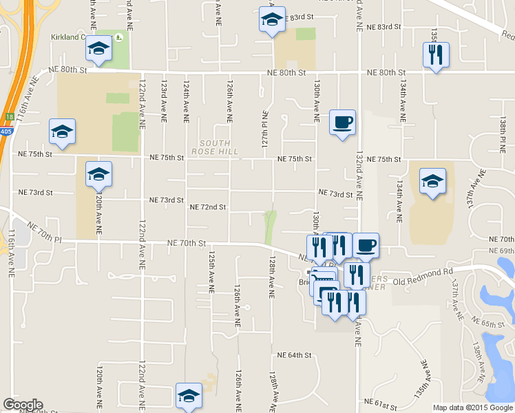 map of restaurants, bars, coffee shops, grocery stores, and more near 12710 Northeast 72nd Street in Kirkland