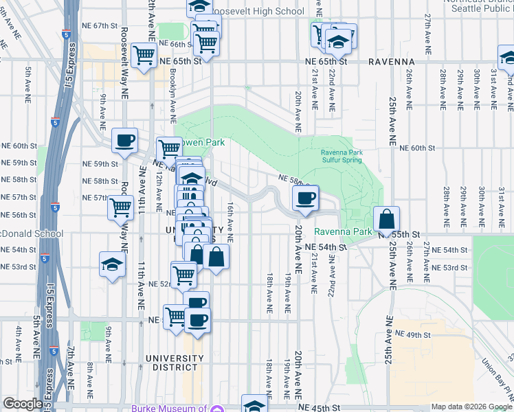 map of restaurants, bars, coffee shops, grocery stores, and more near 1721 Northeast Ravenna Boulevard in Seattle