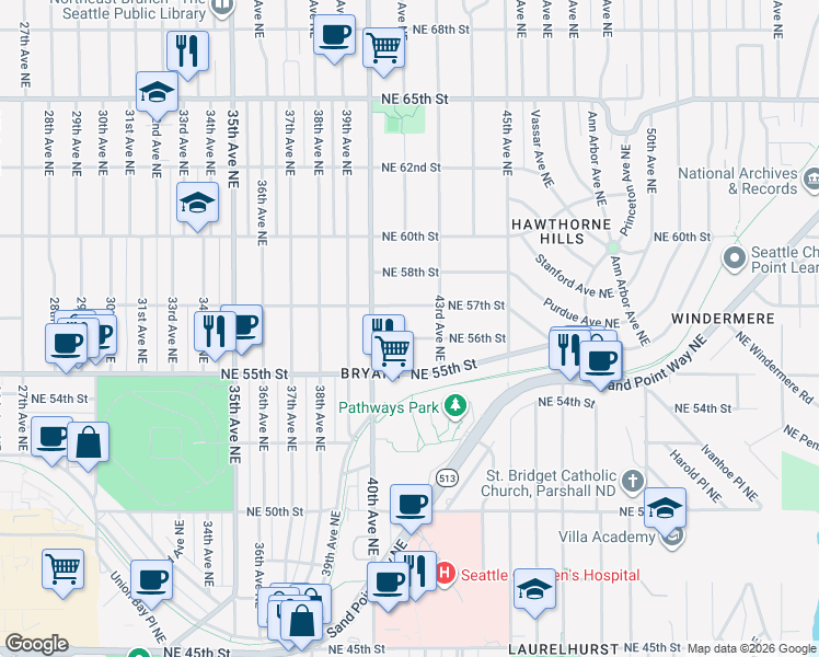 map of restaurants, bars, coffee shops, grocery stores, and more near 4032 Northeast 56th Street in Seattle