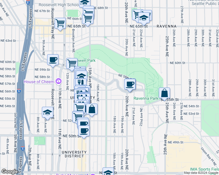map of restaurants, bars, coffee shops, grocery stores, and more near 5608 17th Avenue Northeast in Seattle