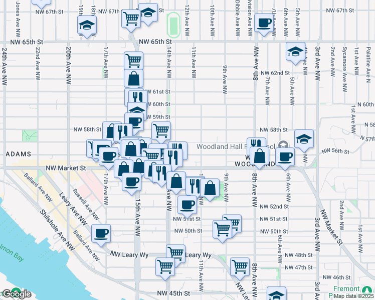 map of restaurants, bars, coffee shops, grocery stores, and more near in Seattle