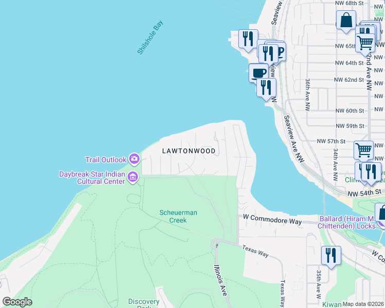 map of restaurants, bars, coffee shops, grocery stores, and more near 5443 45th Avenue West in Seattle