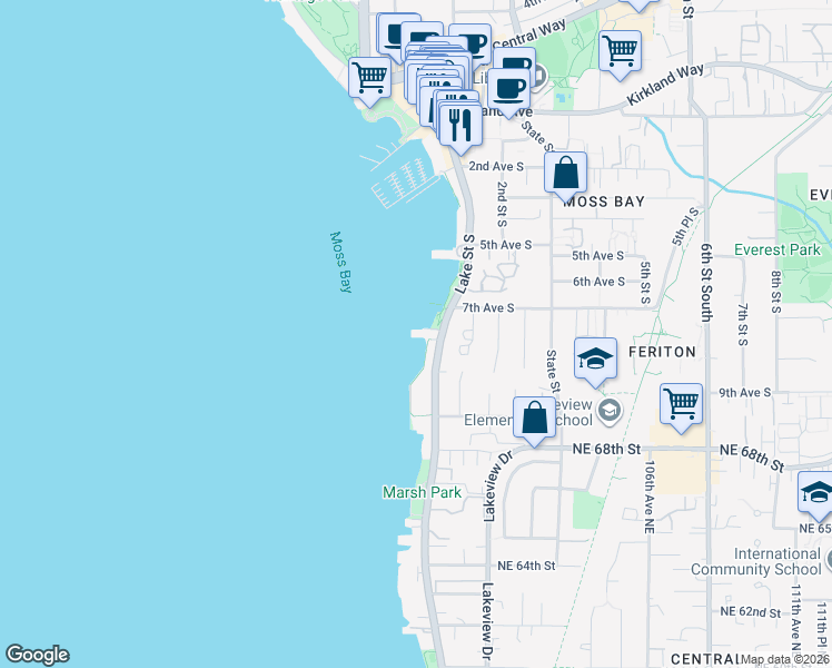 map of restaurants, bars, coffee shops, grocery stores, and more near 733 Lake Street South in Kirkland