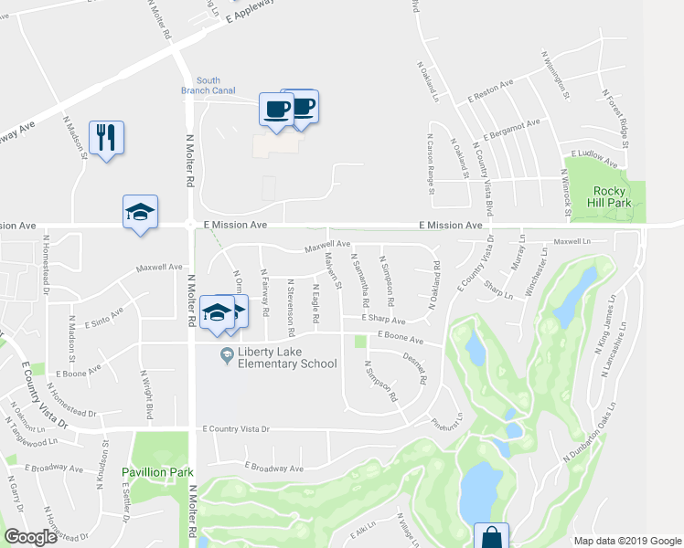 map of restaurants, bars, coffee shops, grocery stores, and more near 1324 Malvern Street in Liberty Lake