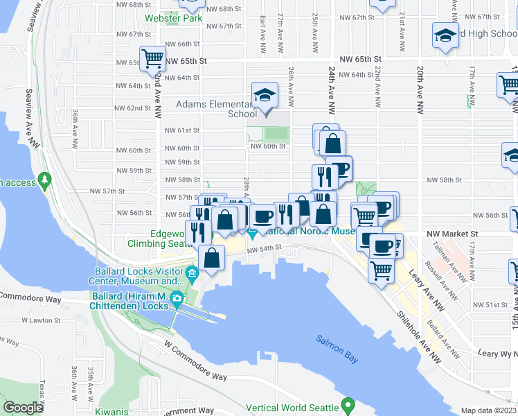 map of restaurants, bars, coffee shops, grocery stores, and more near 5616 28th Avenue Northwest in Seattle