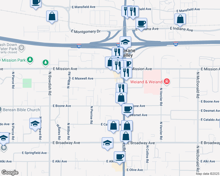 map of restaurants, bars, coffee shops, grocery stores, and more near 12202 East Maxwell Avenue in Spokane Valley