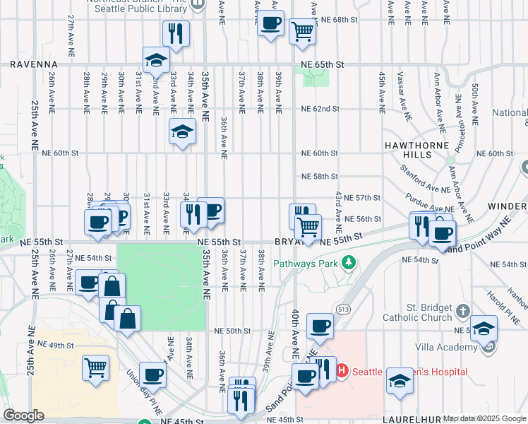 map of restaurants, bars, coffee shops, grocery stores, and more near 5538 38th Avenue Northeast in Seattle