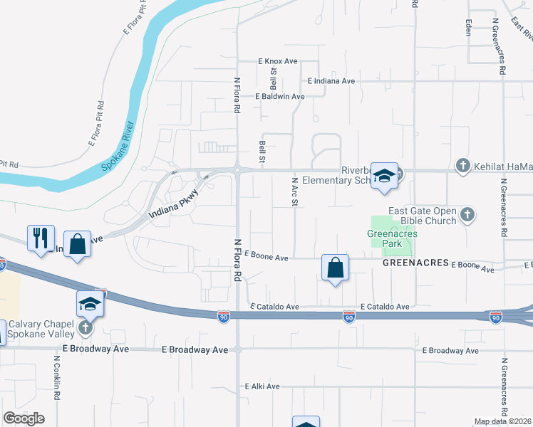 map of restaurants, bars, coffee shops, grocery stores, and more near 1325 North Bell Street in Spokane Valley