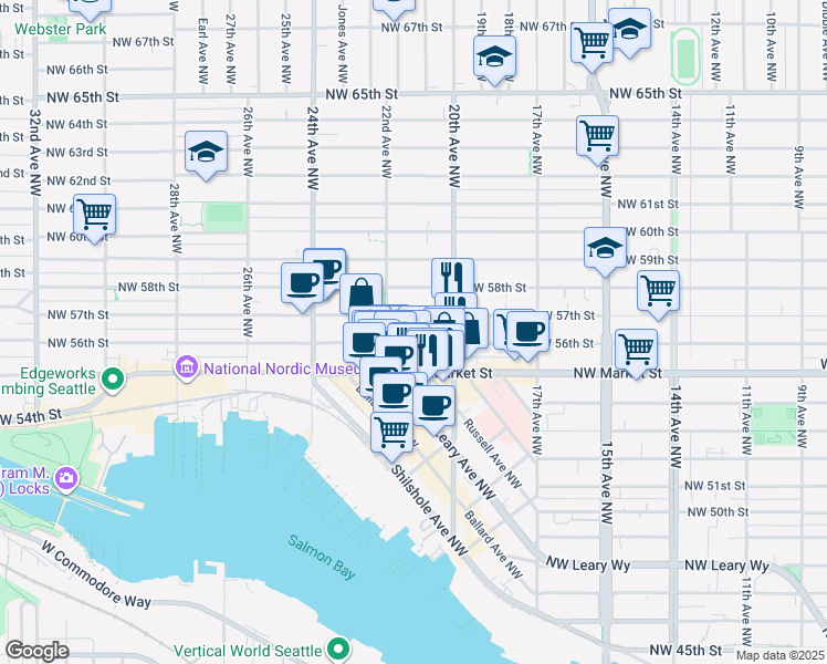 map of restaurants, bars, coffee shops, grocery stores, and more near 2012 Northwest 56th Street in Seattle