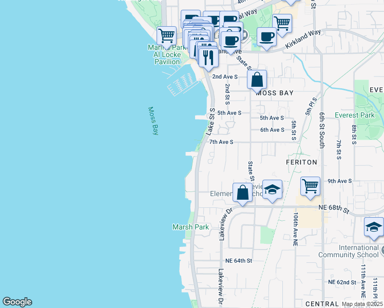 map of restaurants, bars, coffee shops, grocery stores, and more near 733 Lake Street South in Kirkland