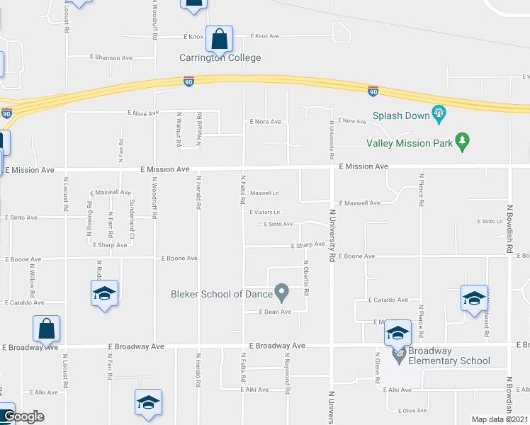 map of restaurants, bars, coffee shops, grocery stores, and more near 10325 East Victory Lane in Spokane Valley
