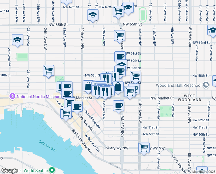 map of restaurants, bars, coffee shops, grocery stores, and more near 5617 17th Avenue Northwest in Seattle