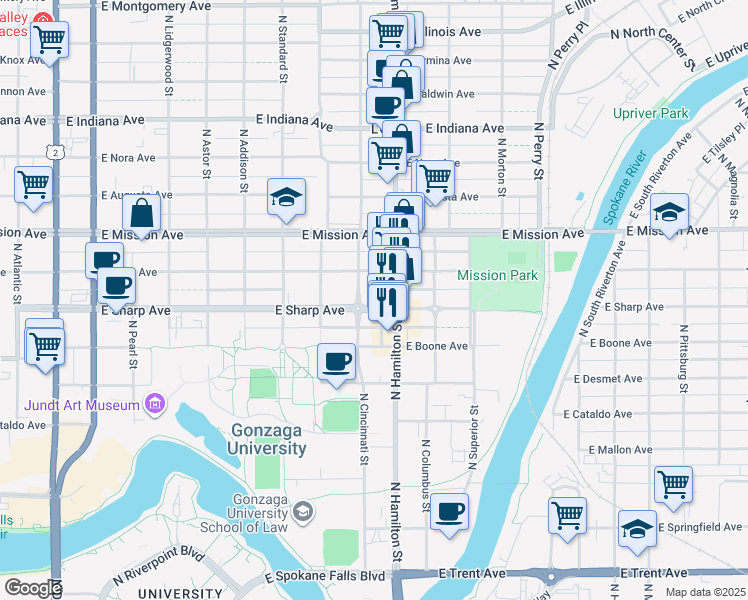 map of restaurants, bars, coffee shops, grocery stores, and more near 815 East Sharp Avenue in Spokane