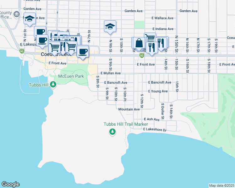 map of restaurants, bars, coffee shops, grocery stores, and more near 911 East Young Avenue in Coeur d'Alene