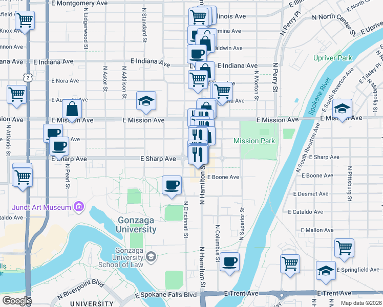 map of restaurants, bars, coffee shops, grocery stores, and more near 815 East Sharp Avenue in Spokane
