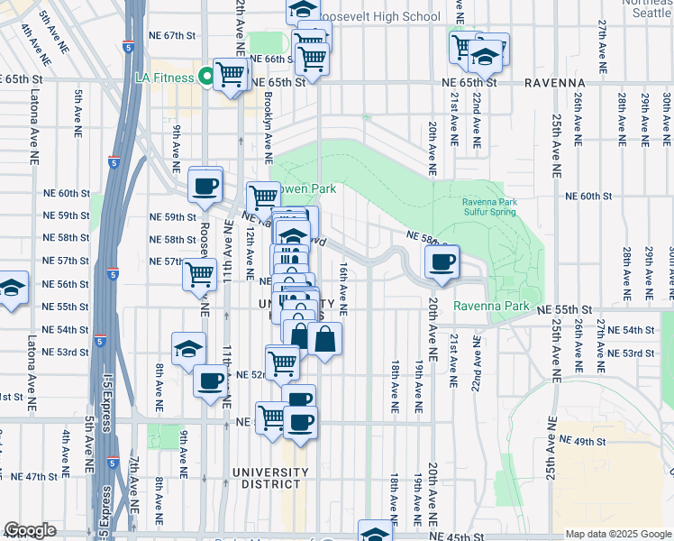 map of restaurants, bars, coffee shops, grocery stores, and more near 5616 15th Avenue Northeast in Seattle
