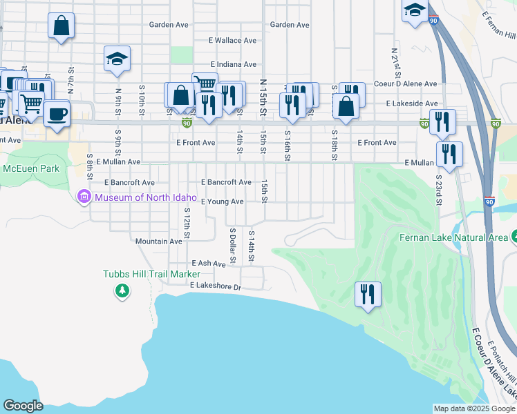 map of restaurants, bars, coffee shops, grocery stores, and more near 502 South 15th Street in Coeur d'Alene