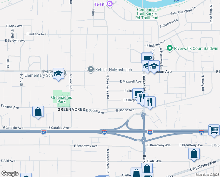 map of restaurants, bars, coffee shops, grocery stores, and more near 1410 North Greenacres Road in Spokane Valley