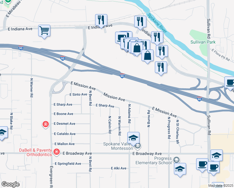 map of restaurants, bars, coffee shops, grocery stores, and more near 14605 East Mission Avenue in Spokane Valley