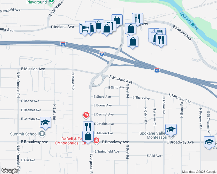 map of restaurants, bars, coffee shops, grocery stores, and more near 1405 North Bolivar Road in Spokane Valley