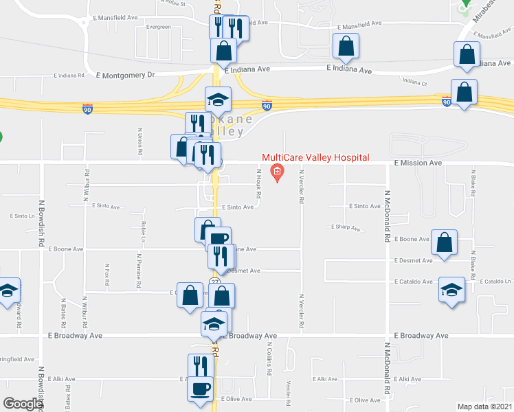 map of restaurants, bars, coffee shops, grocery stores, and more near 1409 North Houk Road in Spokane Valley
