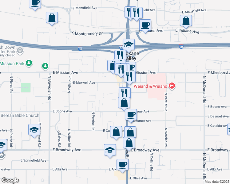 map of restaurants, bars, coffee shops, grocery stores, and more near 12202 East Maxwell Avenue in Spokane Valley