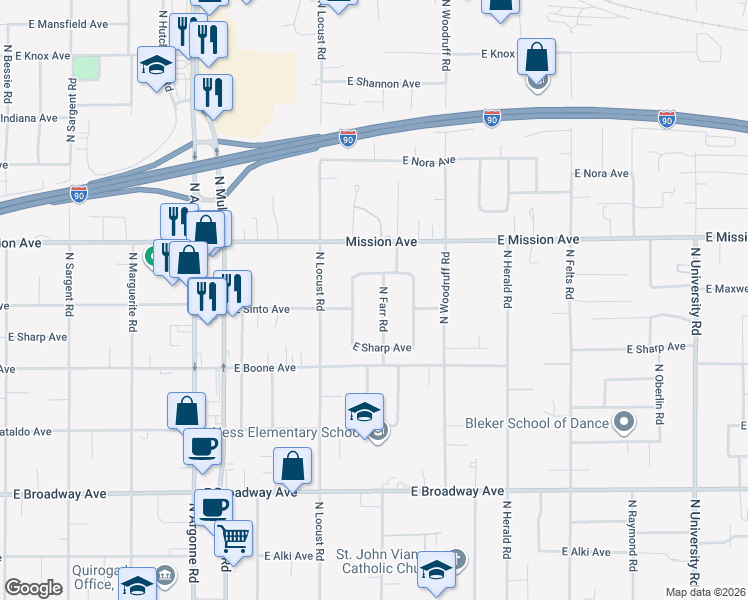 map of restaurants, bars, coffee shops, grocery stores, and more near 1410 North Farr Road in Spokane Valley