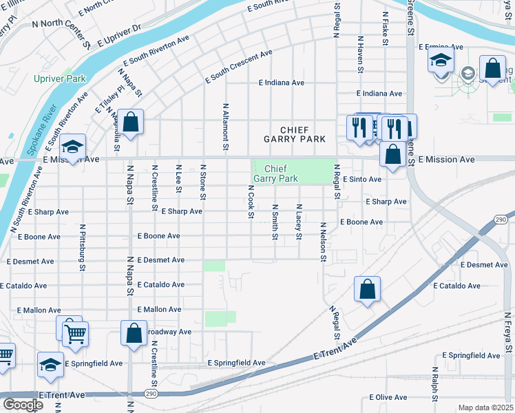 map of restaurants, bars, coffee shops, grocery stores, and more near 1308 North Cook Street in Spokane