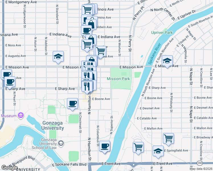 map of restaurants, bars, coffee shops, grocery stores, and more near 1304 North Columbus Street in Spokane