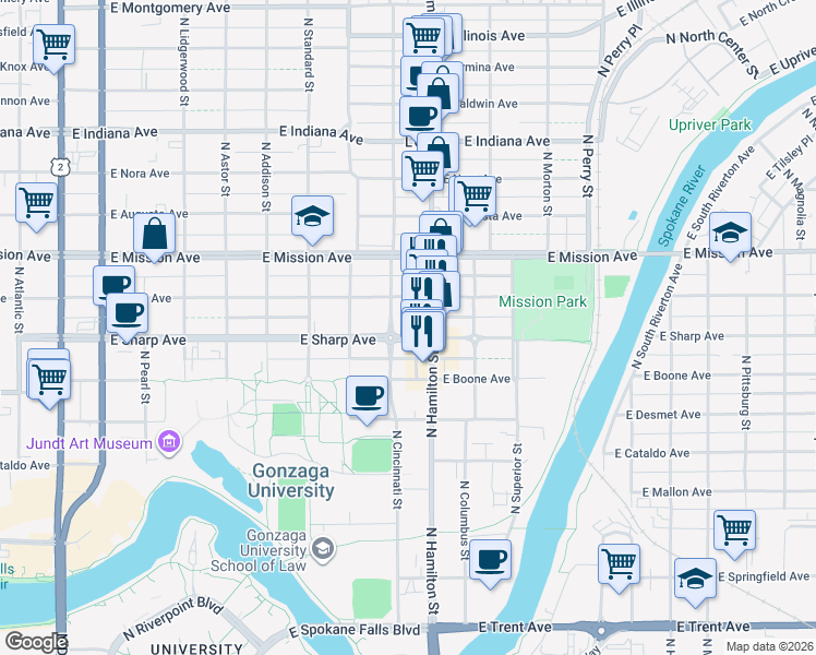 map of restaurants, bars, coffee shops, grocery stores, and more near 815 East Sharp Avenue in Spokane