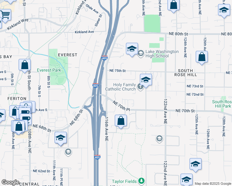 map of restaurants, bars, coffee shops, grocery stores, and more near 11717 Northeast 73rd Street in Kirkland
