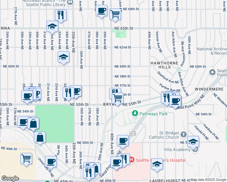 map of restaurants, bars, coffee shops, grocery stores, and more near 5614 40th Avenue Northeast in Seattle