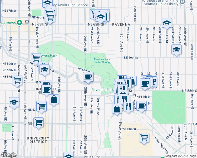 map of restaurants, bars, coffee shops, grocery stores, and more near 2124 Northeast Park Road in Seattle