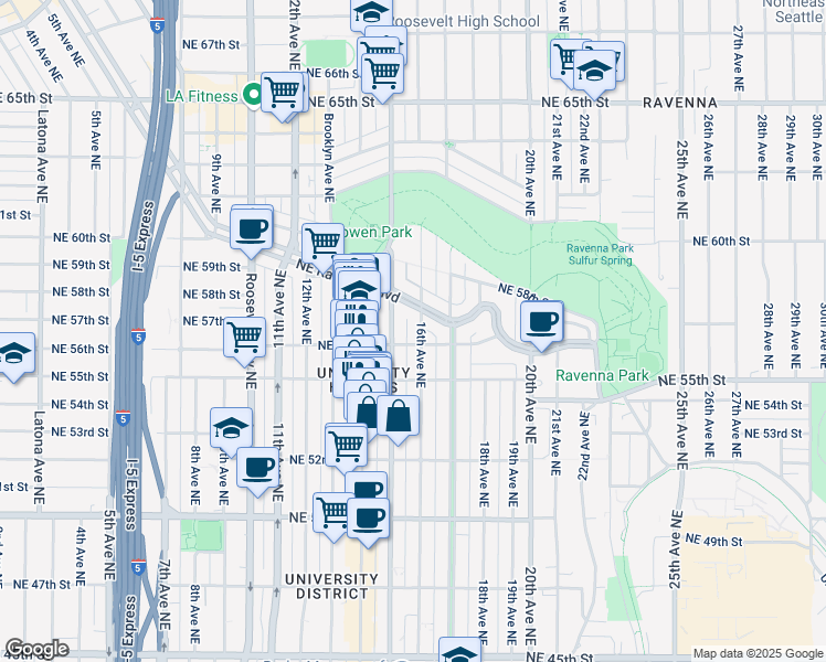 map of restaurants, bars, coffee shops, grocery stores, and more near 5616 15th Avenue Northeast in Seattle