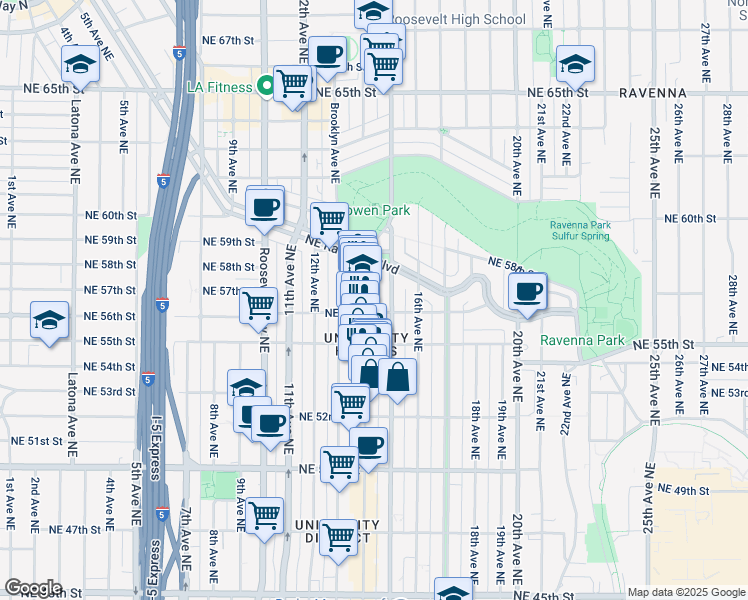 map of restaurants, bars, coffee shops, grocery stores, and more near 5619 University Way Northeast in Seattle