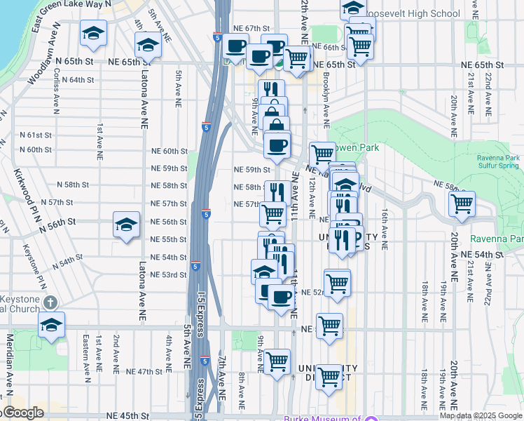 map of restaurants, bars, coffee shops, grocery stores, and more near 823 Northeast 57th Street in Seattle