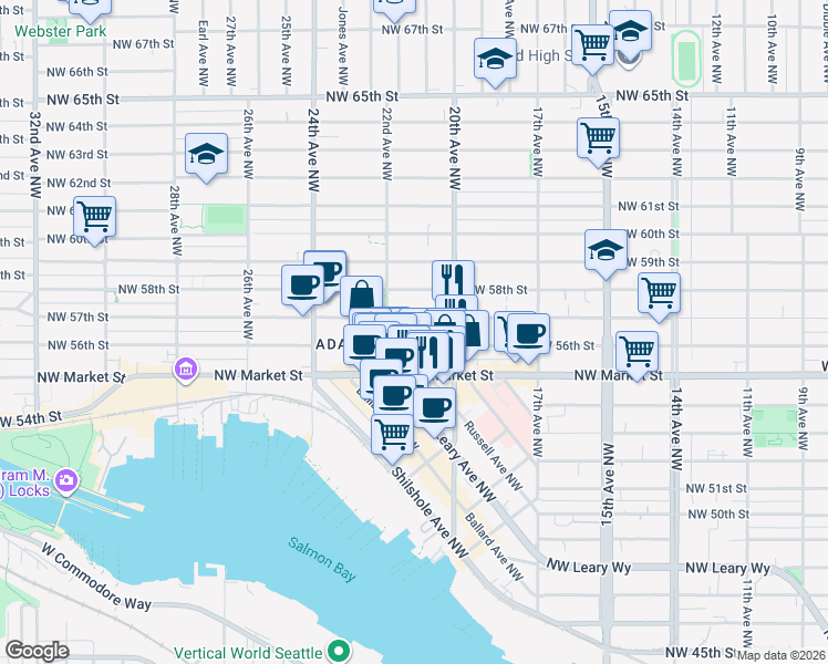 map of restaurants, bars, coffee shops, grocery stores, and more near 2012 Northwest 56th Street in Seattle